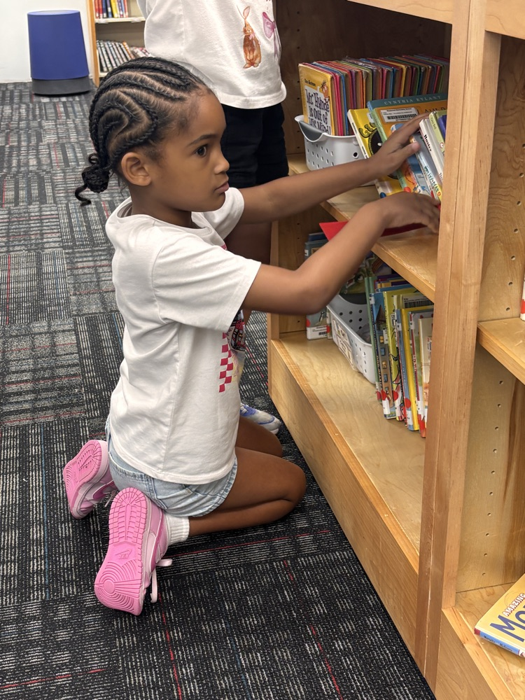 A third grade student looking through books at the media center