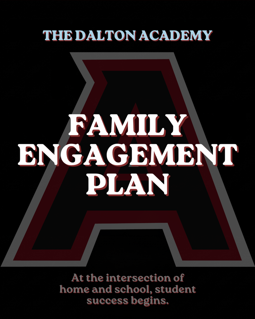 Cover graphic for The Dalton Academy Family Engagement Plan featuring a large red and black block letter "A" on a black background.