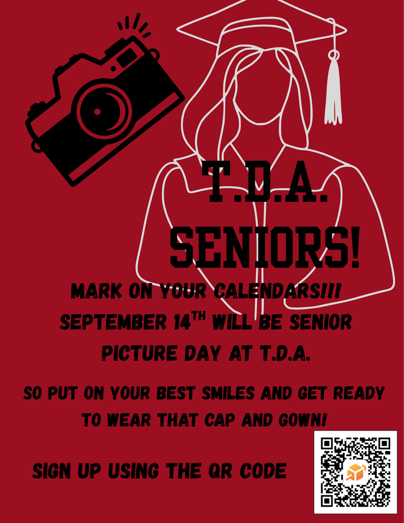Promotional flyer for T.D.A. Senior Picture Day on September 14th featuring line art of a graduate, a camera graphic, and a QR code to sign up.