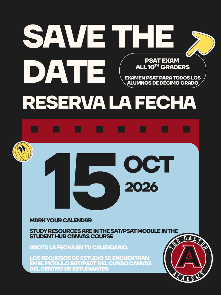 Bilingual "Save the Date" flyer for all 10th graders taking the PSAT Exam on October 15, 2026, hosted by The Dalton Academy.