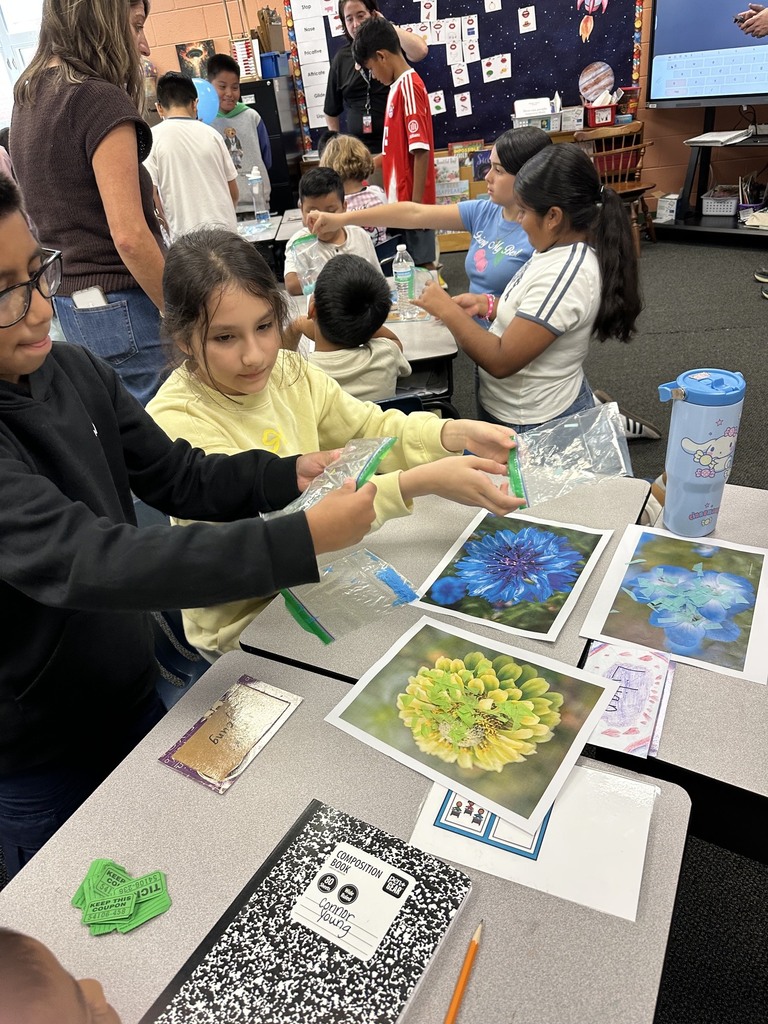 Two students lean over a classroom desk holding plastic bags filled with tissue paper bits above printed photos of blue and yellow flowers. Other classmates gather around desks filled with learning supplies, water bottles, and composition notebooks.