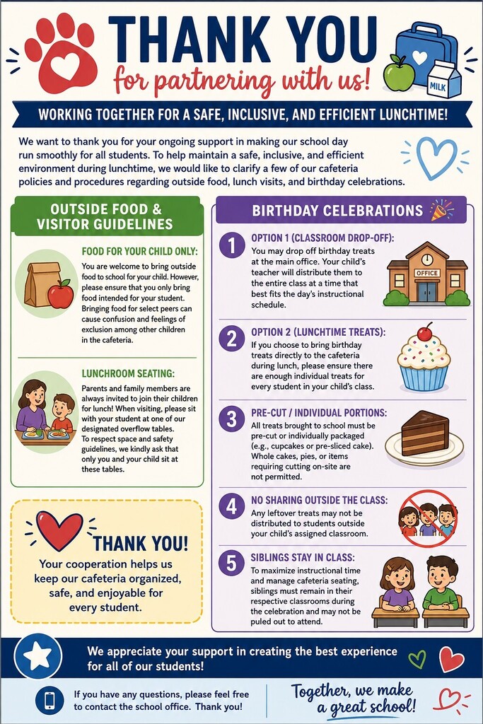 An informational flyer detailing lunchtime cafeteria guidelines and birthday celebration policies.  Header: THANK YOU for partnering with us! Working together for a safe, inclusive, and efficient lunchtime!  Introductory Note: Expresses gratitude for parent support and clarifies policies regarding outside food, lunch visits, and birthday celebrations.  Outside Food & Visitor Guidelines:  Food for Your Child Only: Outside food is welcome for your child only; bringing food for select peers is not permitted to prevent feelings of exclusion.  Lunchroom Seating: Visiting family members must sit with their child at designated overflow tables, restricted to only the visitor and their child.  Birthday Celebrations:  Option 1 (Classroom Drop-off): Drop off treats at the main office for teacher distribution to the entire class.  Option 2 (Lunchtime Treats): If bringing treats to the cafeteria during lunch, ensure there are enough individual treats for every student in the class.  Pre-Cut / Individual Portions: All treats must be pre-cut or individually packaged (e.g., cupcakes, pre-sliced cake). Whole cakes and pies requiring on-site cutting are not allowed.  No Sharing Outside the Class: Leftover treats cannot be distributed to students outside the assigned classroom.  Siblings Stay in Class: Siblings must remain in their respective classrooms and may not be pulled out to attend.  Footer: Expresses appreciation for keeping the cafeteria organized, safe, and enjoyable, and invites parents to contact the school office with questions.