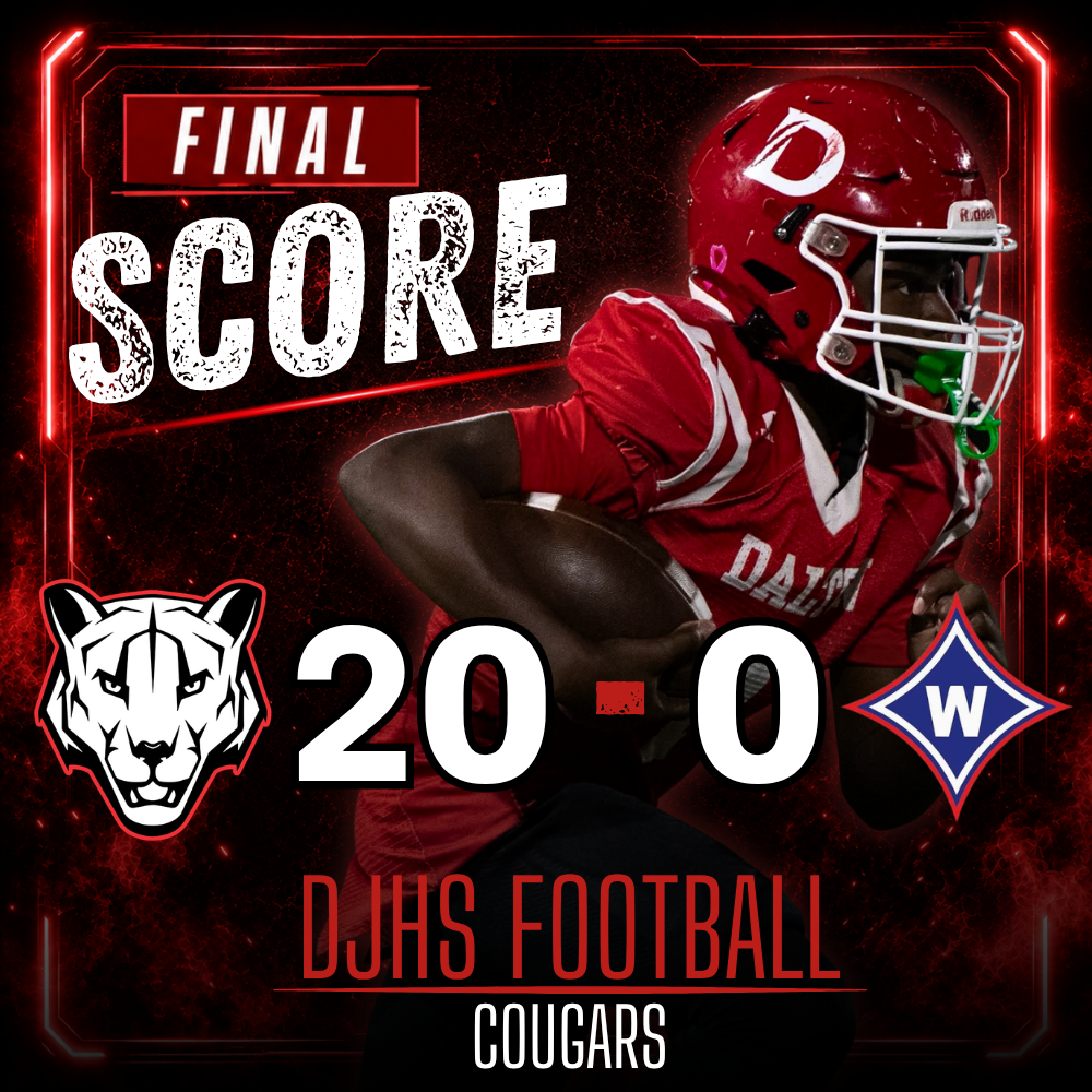 Final score graphic for Dalton Junior High football in red, black, and white. A Dalton football player in a red uniform and red helmet runs with the football against a dark red-and-black background with glowing red accents. Large white text reads “Final Score.” The Dalton Cougar logo appears beside the number 20, and the Walton “W” logo appears beside the number 0, showing a 20–0 Dalton victory. The bottom of the graphic reads “DJHS Football Cougars.”