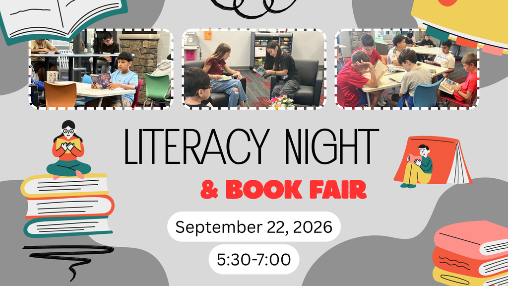 Promotional graphic for "Literacy Night & Book Fair" at Hammond Creek Middle School. The graphic includes photos of students reading independently, reading with a partner, and reading in small groups. Text states that the event will take place on September 22, 2026, from 5:30 PM to 7:00 PM. Book-themed illustrations and reading graphics decorate the design.