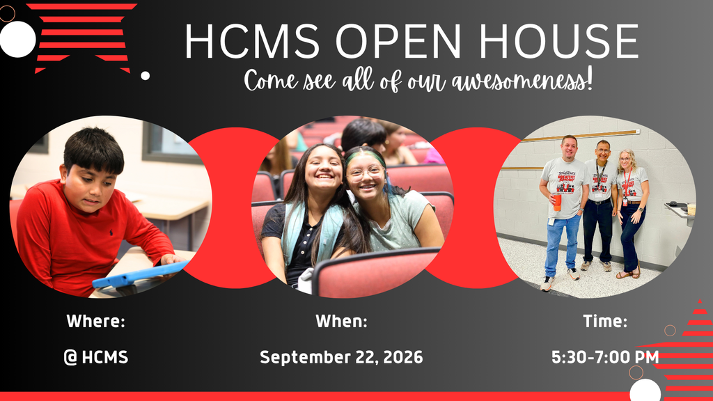 Promotional graphic for "HCMS Open House" with the tagline "Come see all of our awesomeness!" The graphic features photos of students engaged in school activities and a photo of staff members. Text states that Open House will take place at Hammond Creek Middle School on September 22, 2026, from 5:30 PM to 7:00 PM.