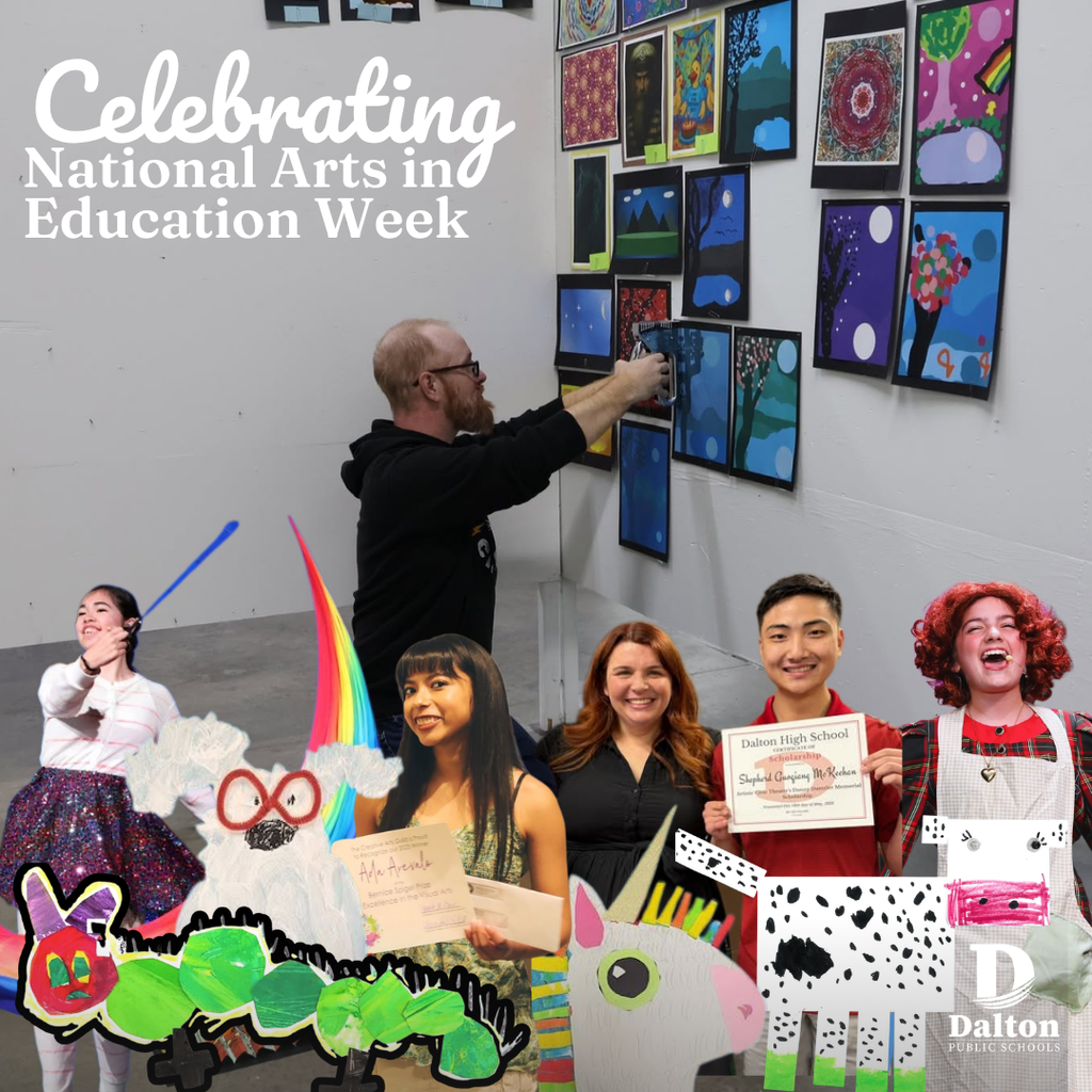A composite promotional graphic celebrating "National Arts in Education Week" featuring a teacher hanging student artwork on a wall alongside cutouts of students, performers, scholarships, and colorful children's art creations.