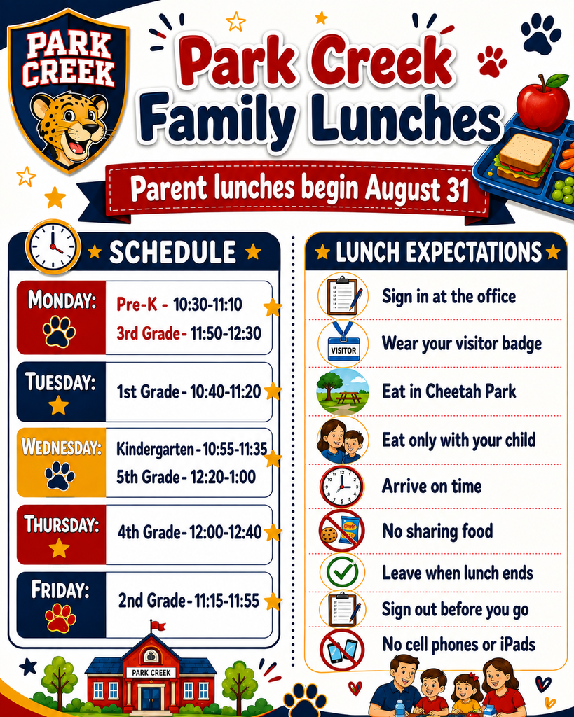 Flyer titled "Park Creek Family Lunches" featuring a cheetah mascot logo, stating parent lunches begin August 31.  Schedule Column (Left):  Monday: Pre-K (10:30–11:10), 3rd Grade (11:50–12:30)  Tuesday: 1st Grade (10:40–11:20)  Wednesday: Kindergarten (10:55–11:35), 5th Grade (12:20–1:00)  Thursday: 4th Grade (12:00–12:40)  Friday: 2nd Grade (11:15–11:55)  Lunch Expectations Column (Right):  Sign in at the office  Wear your visitor badge  Eat in Cheetah Park  Eat only with your child  Arrive on time  No sharing food  Leave when lunch ends  Sign out before you go  No cell phones or iPads