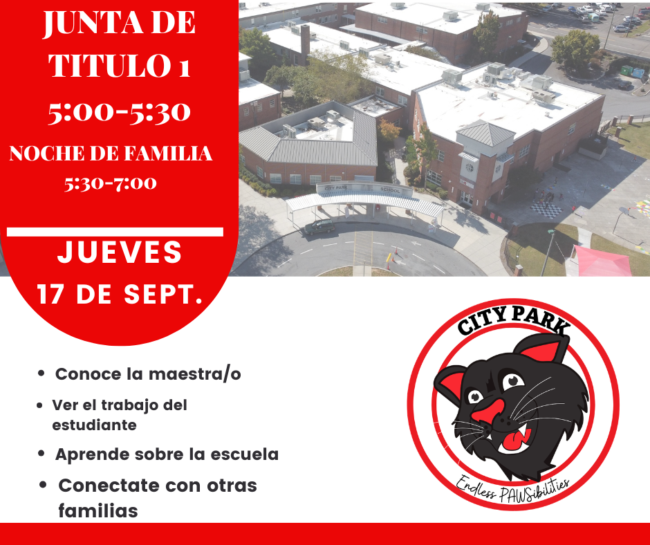 Flyer in Spanish announcing a Title I Meeting and Family Night at City Park School on Thursday, September 17. The Title I Meeting takes place from 5:00 to 5:30 PM, followed by Family Night from 5:30 to 7:00 PM. Bullet points highlight activities: meet the teacher, view student work, learn about the school, and connect with other families. An aerial photo of the school building and the black panther mascot logo with the slogan "Endless PAWsibilities" are included.