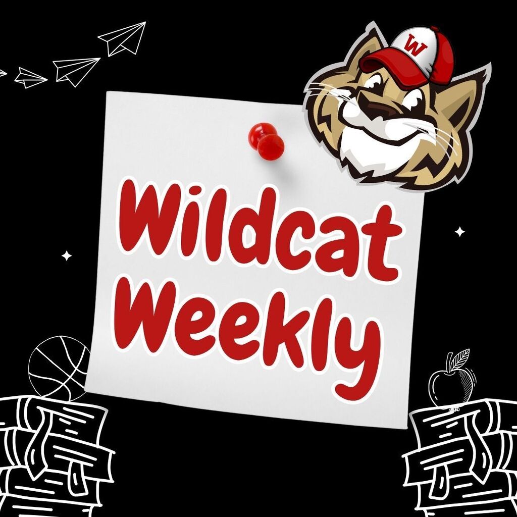 A graphic announcement titled "Wildcat Weekly" written in red, white-outlined letters on a white paper note pinned with a red pushpin against a black background. A smiling wildcat mascot wearing a red cap with the letter "W" appears in the top right corner. Surrounding line-art illustrations include paper airplanes in the top left, a basketball and stacked books in the bottom left, and an apple resting on a stack of books in the bottom right.