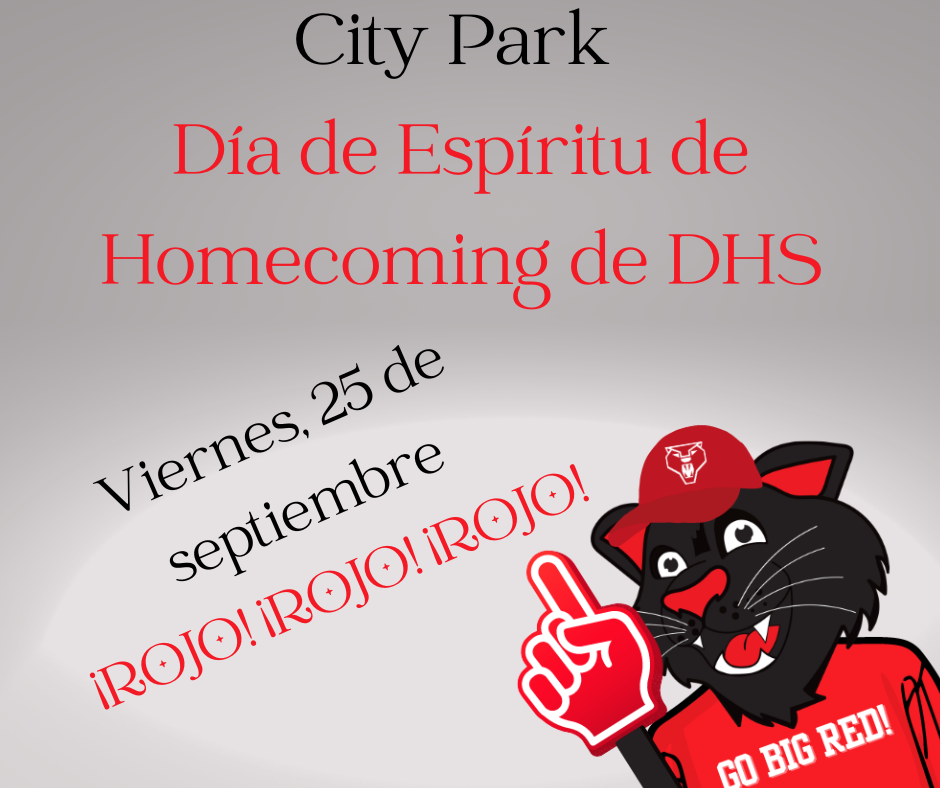 Spanish-language graphic for City Park celebrating DHS Homecoming Spirit Day ("Día de Espíritu de Homecoming de DHS") on Friday, September 25 ("Viernes, 25 de septiembre"). Red angled text reads "¡ROJO! ¡ROJO! ¡ROJO!" accompanied by an illustration of the school's black panther mascot wearing a red cap, a red shirt that says "GO BIG RED!", and holding up a foam finger.