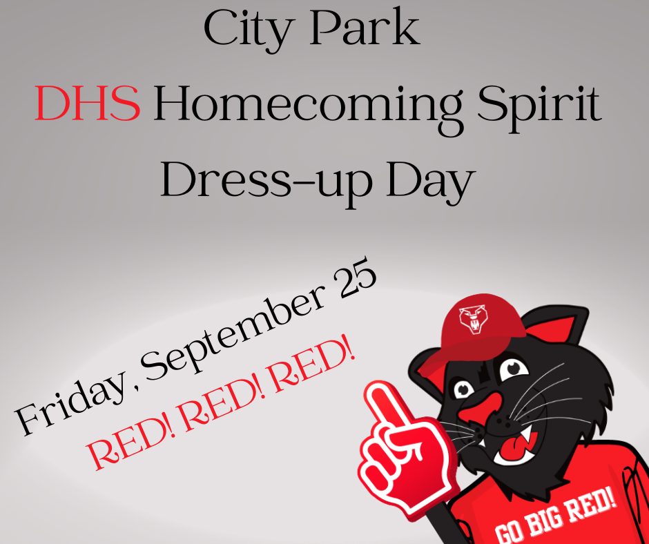 English-language graphic for "City Park DHS Homecoming Spirit Dress-up Day" scheduled for Friday, September 25. Angled text reads "RED! RED! RED!" next to an illustration of the black panther mascot wearing a red shirt with "GO BIG RED!", a red cap, and pointing up with a red foam finger.