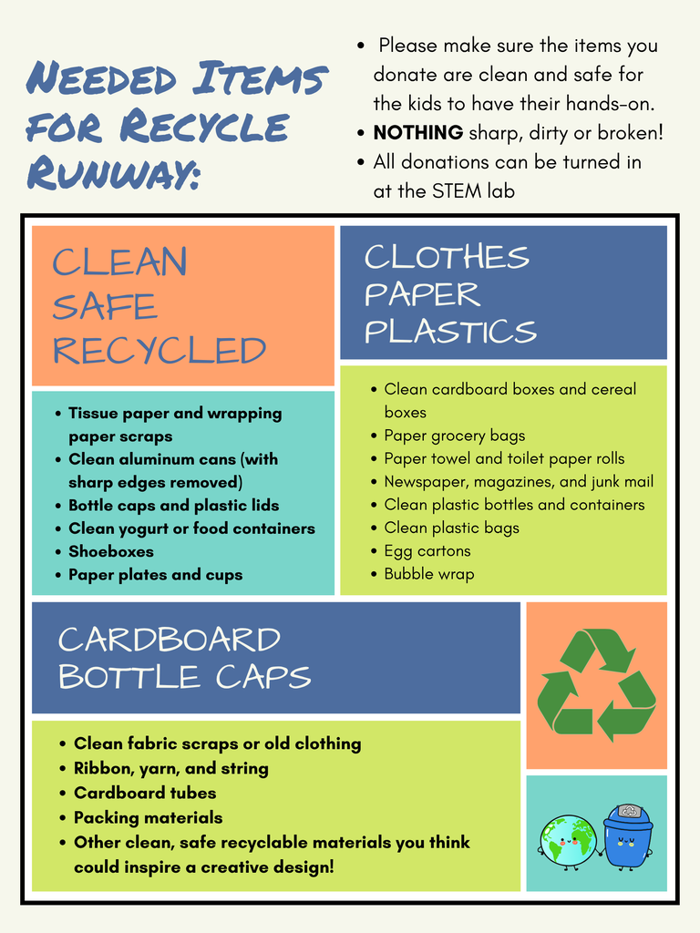 Listed items needed for the 3rd graders runway recycling project