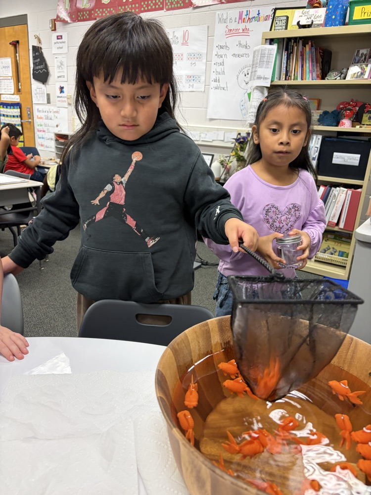 A boy in a black hoodie using a small mesh fishnet to scoop an orange toy goldfish out of a wooden bowl filled with water, while a girl in a purple shirt watches nearby holding a small jar.