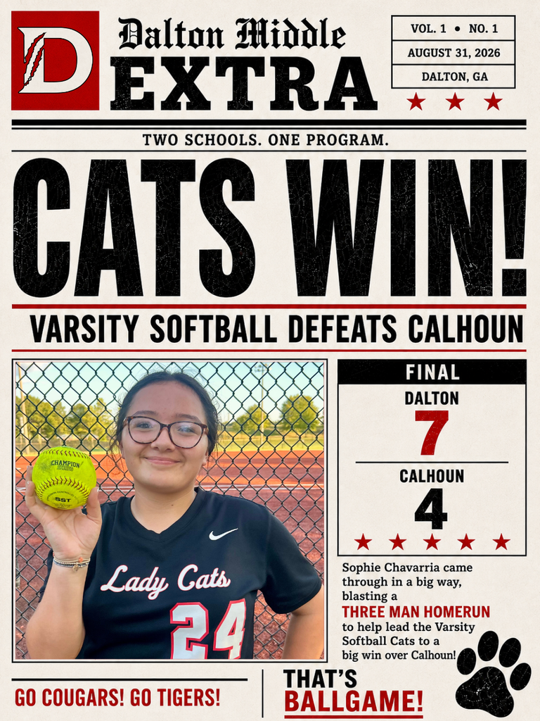 Newspaper-style Dalton Middle Athletics graphic celebrating the Varsity Softball Cats’ 7–4 win over Calhoun. The design features a photo of Lady Cats player Sophie Chavarria, #24, holding a softball in front of a chain-link fence. Large text reads “CATS WIN!” and “Varsity Softball Defeats Calhoun.” A final score box shows Dalton 7, Calhoun 4. Text highlights Chavarria’s three-run home run that helped lead Dalton to the win. The graphic uses a vintage newspaper design in red, black, and cream with “Two Schools. One Program.” across the top and “Go Cougars! Go Tigers!” at the bottom.