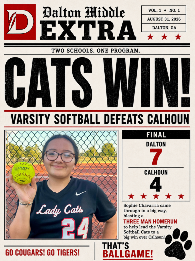 Newspaper-style Dalton Middle Athletics graphic celebrating the Varsity Softball Cats’ 7–4 win over Calhoun. The design features a photo of Lady Cats player Sophie Chavarria, #24, holding a softball in front of a chain-link fence. Large text reads “CATS WIN!” and “Varsity Softball Defeats Calhoun.” A final score box shows Dalton 7, Calhoun 4. Text highlights Chavarria’s three-run home run that helped lead Dalton to the win. The graphic uses a vintage newspaper design in red, black, and cream with “Two Schools. One Program.” across the top and “Go Cougars! Go Tigers!” at the bottom.