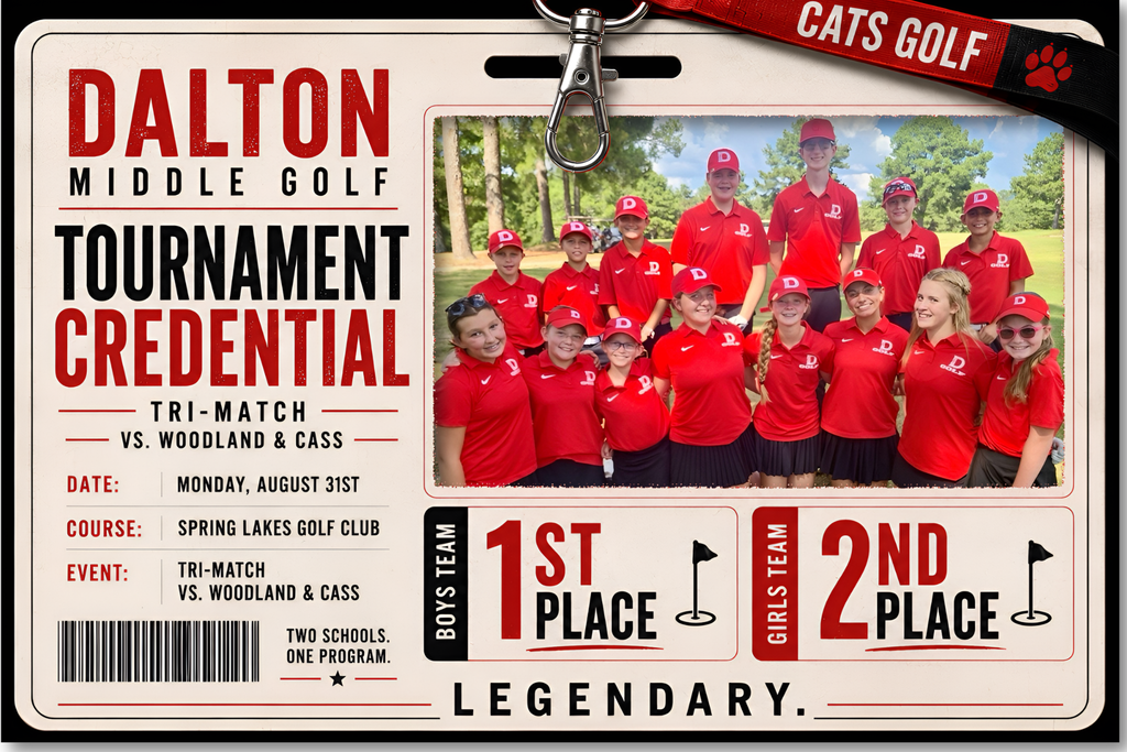 Dalton Middle Golf tournament results graphic featuring a team photo of student golfers in red uniforms at Spring Lakes Golf Club. The team competed against Woodland and Cass on Monday, August 31. The boys placed first, and the girls placed second. The red, black, and cream graphic is styled like a tournament credential with a “Cats Golf” lanyard and the words “Two Schools. One Program.” and “Legendary.”