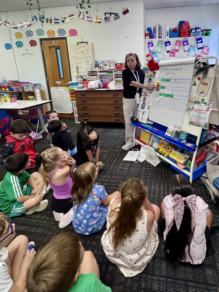 A high-angle view of a female teacher pointing to a large graphing chart on an easel titled "Votos de manzana preferida," as a class of young children sits on the carpet watching her.