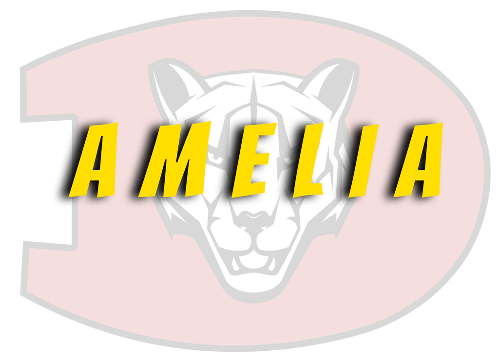 Faint background of logo with red D with a black and white cougar head in the center with the name Amelia in yellow across it.