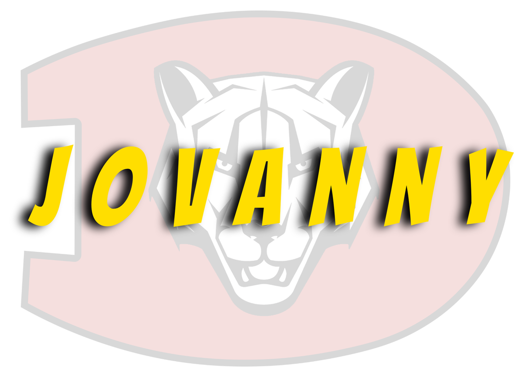 Faint background of logo with red D with a black and white cougar head in the center with the name Jovanny in yellow across it.