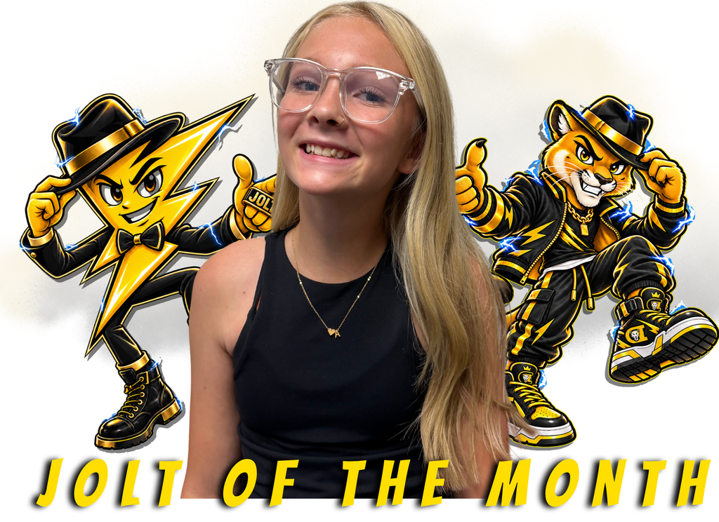 A cartoon-style lightning bolt character and a cartoon cougar, both dressed in black and yellow outfits with hats, pose dynamically against a white background. The lightning bolt character is on the left, and the cougar is on the right. A student's photo is in the center with the words "Jolt of the Month" written in yellow across the bottom of the screen.