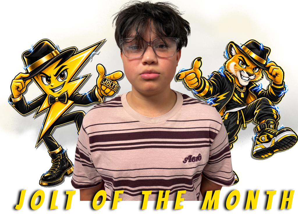 A cartoon-style lightning bolt character and a cartoon cougar, both dressed in black and yellow outfits with hats, pose dynamically against a white background. The lightning bolt character is on the left, and the cougar is on the right. A student's photo is in the center with the words "Jolt of the Month" written in yellow across the bottom of the screen.