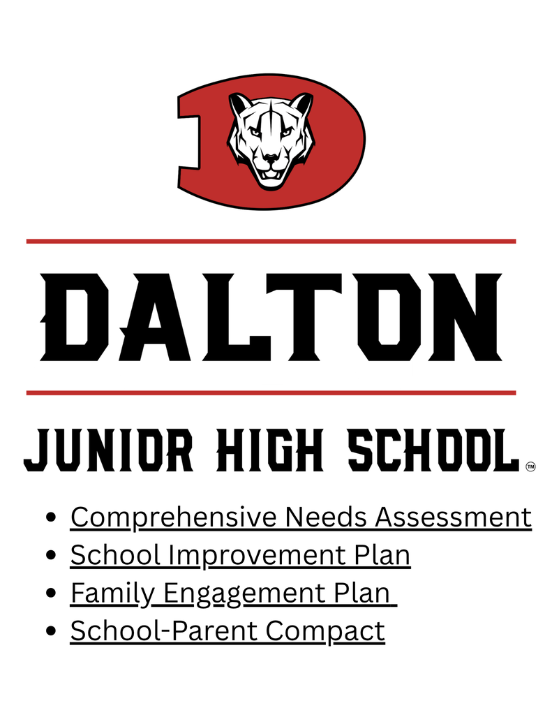 Dalton Junior High School Logo (red D with a cougar head in the center) with the words Dalton Junior High School, and a link to the 2026-2027 Comprehensive Needs Assessment, School Improvement Plan, Family Engagement Plan, and School-Parent Compact.