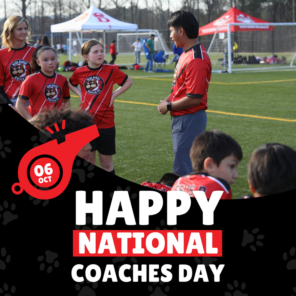 A promotional graphic for National Coaches Day set against a black paw-print patterned frame. The top portion shows a young male soccer coach in a red jersey addressing a group of young female players wearing matching red "Blue Ridge United FC" shirts on an outdoor turf field. In the bottom left, a red whistle icon displays "06 OCT", and large bold text reads "HAPPY NATIONAL COACHES DAY".