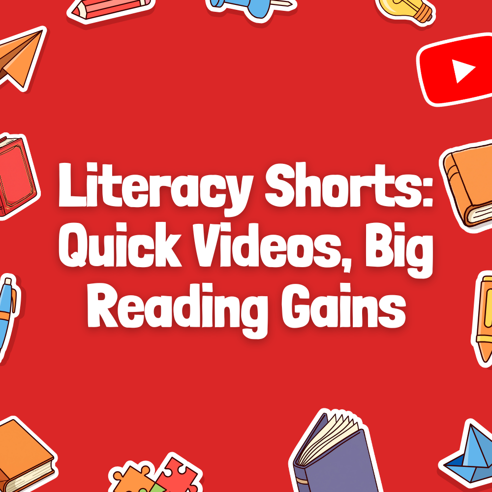 A square promotional graphic set against a red background featuring bold white text in the center reading "Literacy Shorts: Quick Videos, Big Reading Gains". A YouTube logo icon sits in the top right corner, and the border is decorated with illustrated school-themed stickers, including books, a pencil, a pushpin, a lightbulb, a crayon, a paper boat, puzzle pieces, a pen, and a paper airplane.