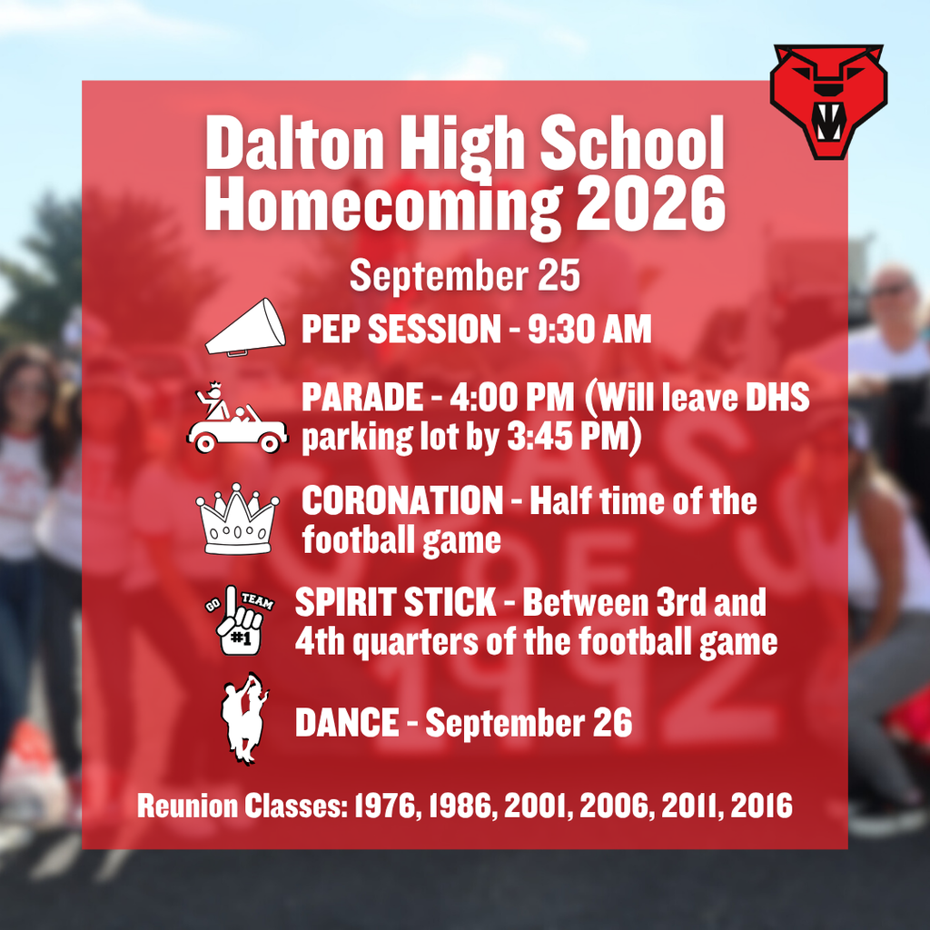 An informational graphic outlining the schedule and events for Dalton High School Homecoming 2026 on September 25 and 26.