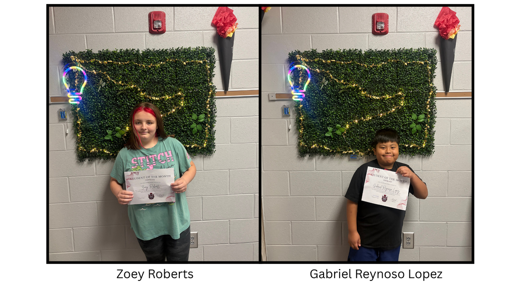 Zoey Roberts and Gabriel Reynoso Lopez holding a Spartan Student of the Month certificate. The student is being recognized by the 7th Grade 600 Hallway Spartans for demonstrating the character trait of courage.