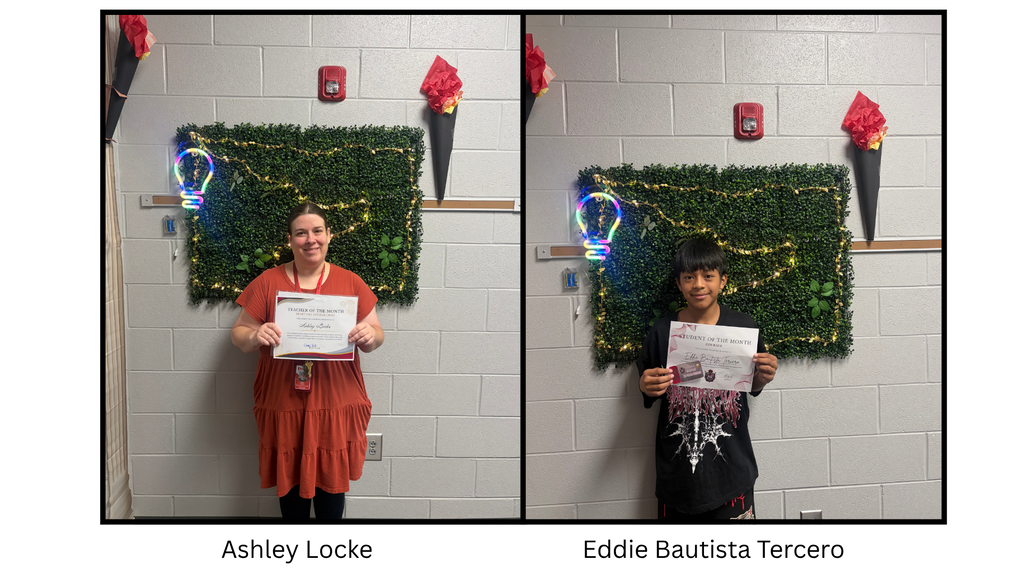 Ashley Locke and Eddie Bautista Tercero holding a Spartan Student of the Month certificate. The student is being recognized by the 7th Grade 600 Hallway Spartans for demonstrating the character trait of courage.