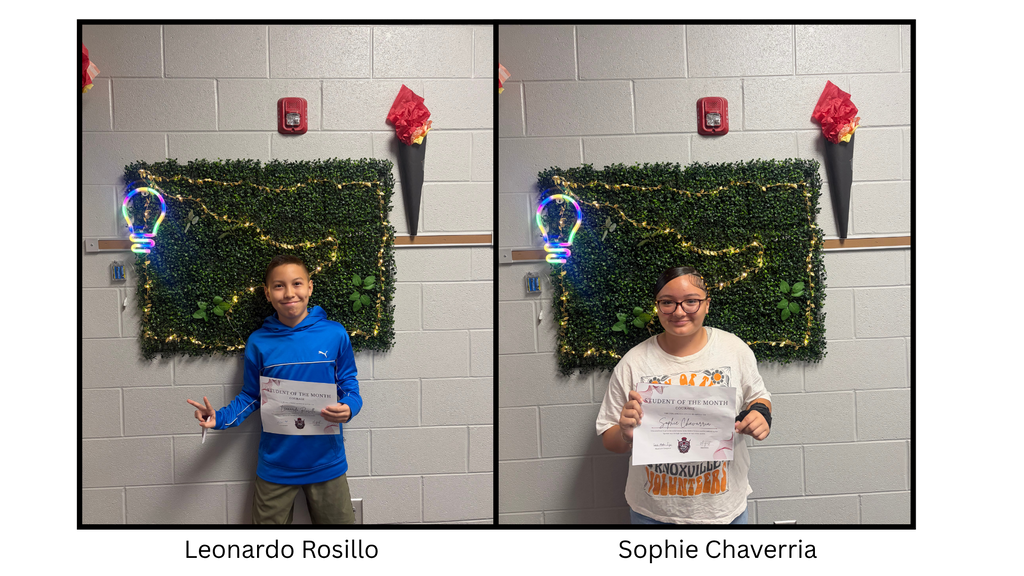 Leonardo Rosillo and Sophie Chaverria holding a Spartan Student of the Month certificate. The student is being recognized by the 7th Grade 600 Hallway Spartans for demonstrating the character trait of courage.