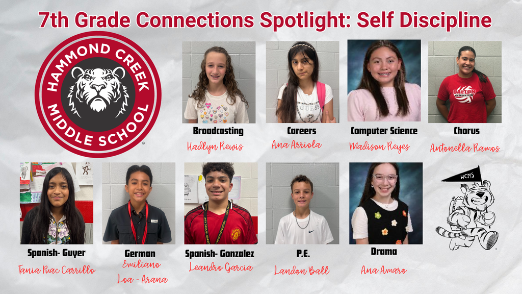 Graphic titled "Connections Student of the Month - August Trait: Self Discipline." The graphic features headshots and names of 7th grade students recognized by their Connections teachers for demonstrating self-discipline in classes including Art, Band, Careers, Computer Science, Broadcasting, Chorus, Drama, Spanish, German, and P.E.