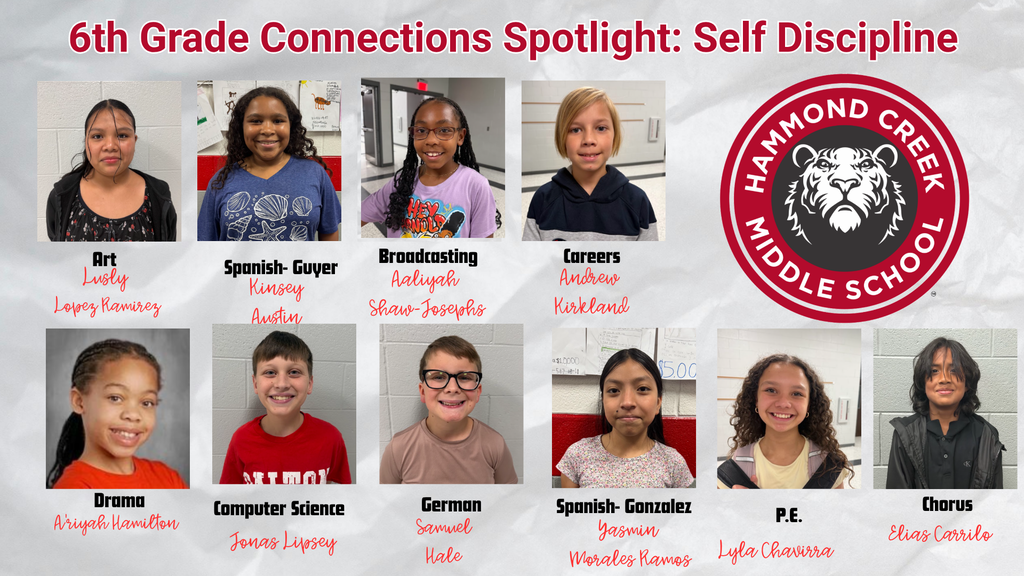 Graphic titled "Connections Student of the Month - August Trait: Self Discipline." The graphic features headshots and names of 6th grade students recognized by their Connections teachers for demonstrating self-discipline in classes including Art, Band, Careers, Computer Science, Broadcasting, Chorus, Drama, Spanish, German, and P.E.