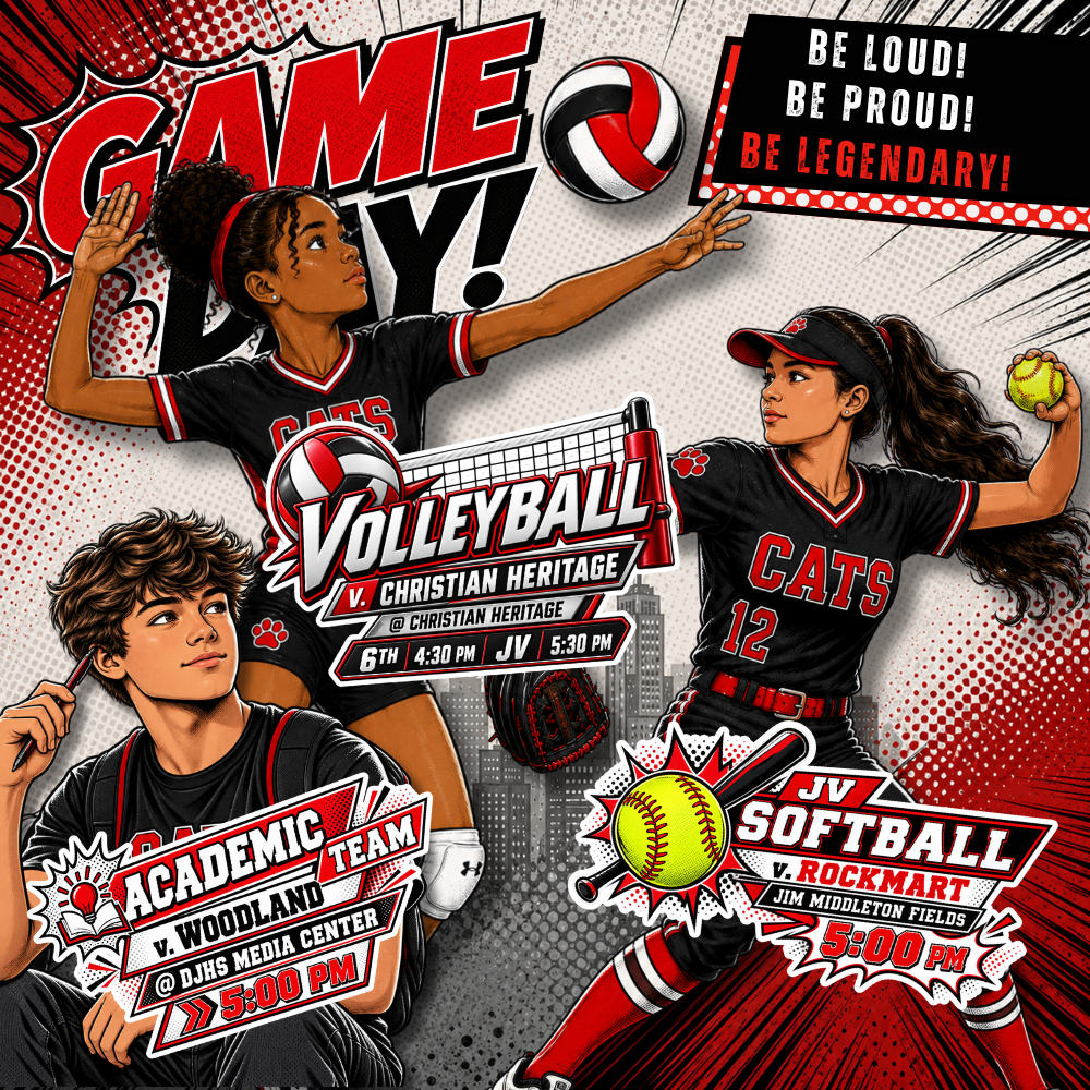 Comic-book-style Dalton Middle Game Day graphic in red, black, and white featuring illustrated volleyball and softball players and an Academic Team student. Volleyball plays Christian Heritage at Christian Heritage, with 6th grade at 4:30 PM and JV at 5:30 PM. Academic Team faces Woodland at the DJHS Media Center at 5:00 PM. JV Softball plays Rockmart at Jim Middleton Fields at 5:00 PM. The graphic includes the message, “Be Loud! Be Proud! Be Legendary!”