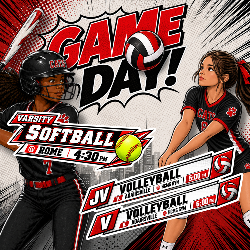 Comic-book-style Dalton Middle Game Day graphic in red, black, and white featuring illustrated softball and volleyball players. Varsity Softball plays at Rome at 4:30 PM. JV Volleyball plays Adairsville at the HCMS Gym at 5:00 PM, followed by Varsity Volleyball against Adairsville at 6:00 PM. Large “Game Day!” text appears across the top with softball and volleyball graphics.