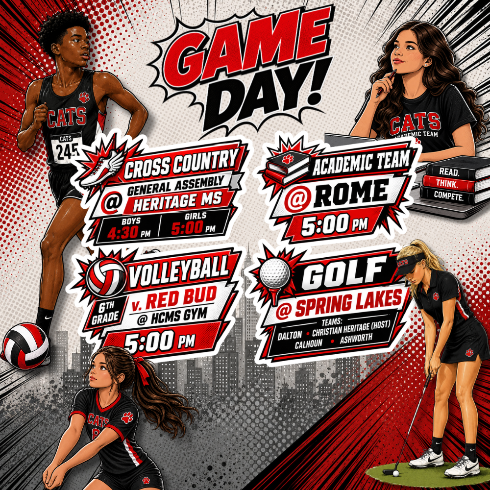 Comic-book-style Dalton Middle Game Day graphic in red, black, and white featuring illustrated athletes representing golf, volleyball, cross country, and Academic Team. Cross Country competes at the General Assembly meet at Heritage Middle School, with boys at 4:30 PM and girls at 5:00 PM. Academic Team competes at Rome at 5:00 PM. Sixth Grade Volleyball plays Red Bud at the HCMS Gym at 5:00 PM. Golf competes at Spring Lakes against Christian Heritage, Calhoun, and Ashworth. Large “Game Day!” text appears across the top.