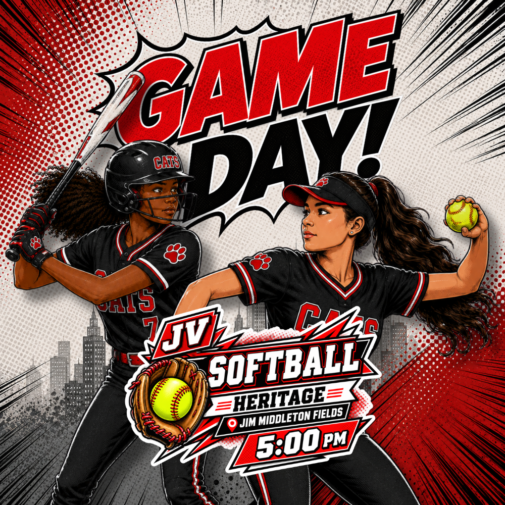 Comic-book-style Dalton Middle Game Day graphic in red, black, and white featuring two illustrated JV softball players, one batting and one pitching. JV Softball plays Heritage at Jim Middleton Fields at 5:00 PM. Large “Game Day!” text appears across the top with a city skyline and comic-style halftone background.