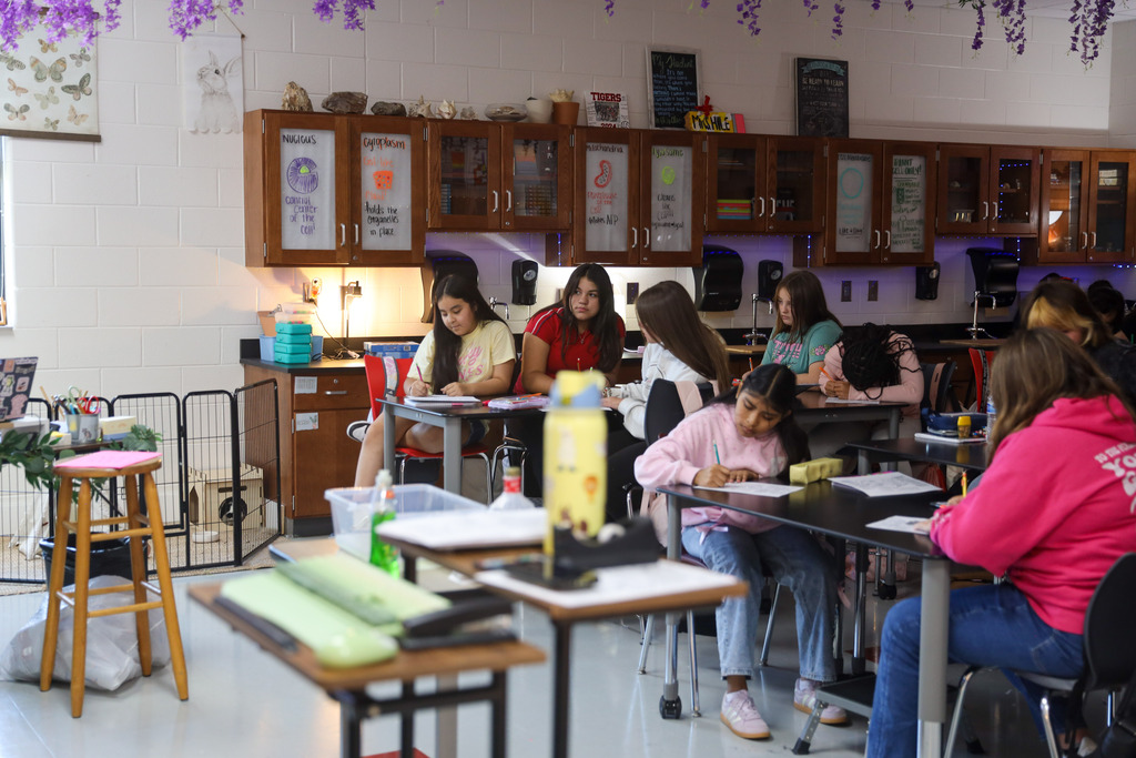 A wide view of a science classroom decorated with hanging purple flora and labeled cabinets (such as "Nucleus" and "Cytoplasm"). Several female students sit at lab tables taking notes, focused on a lesson being conducted off-camera.