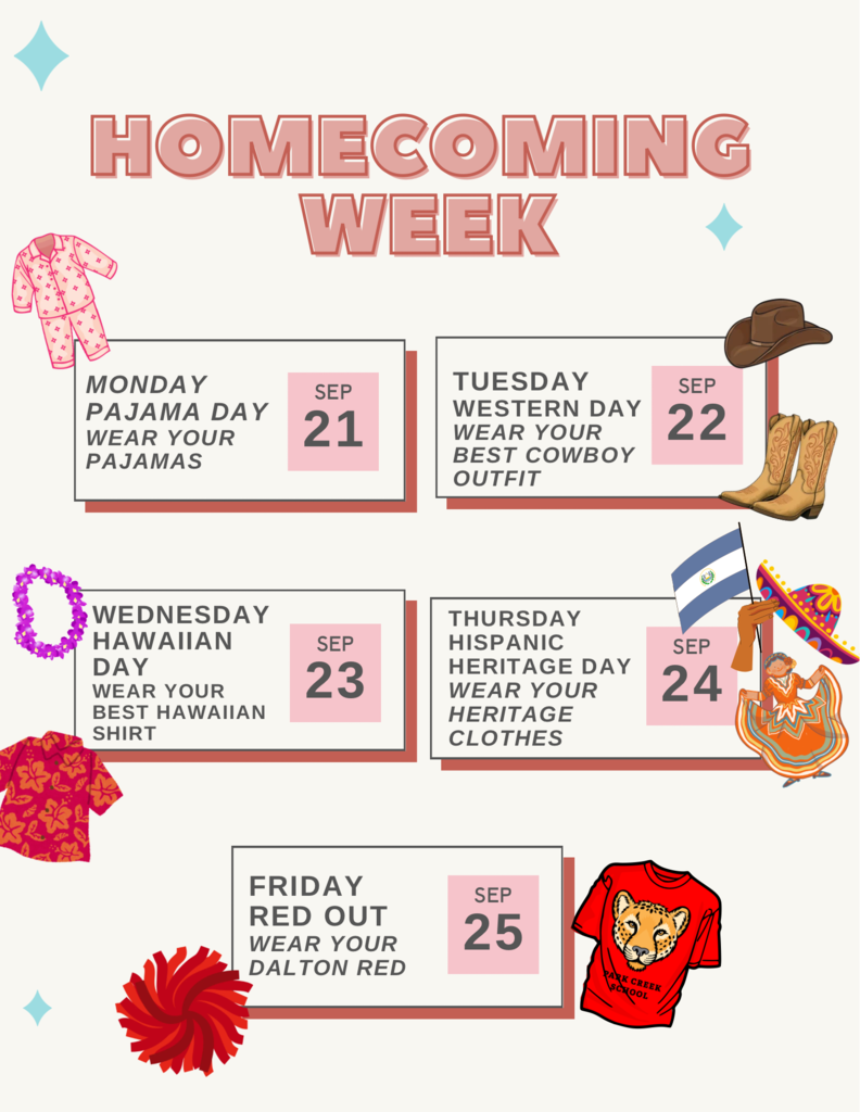 Illustrated flyer titled "HOMECOMING WEEK" detailing daily theme dress-up days from September 21–25:  Monday, Sep 21: Pajama Day (Wear your pajamas)  Tuesday, Sep 22: Western Day (Wear your best cowboy outfit)  Wednesday, Sep 23: Hawaiian Day (Wear your best Hawaiian shirt)  Thursday, Sep 24: Hispanic Heritage Day (Wear your heritage clothes)  Friday, Sep 25: Red Out (Wear your Dalton red)  The flyer is accented with thematic illustrations next to each day including pink pajamas, cowboy boots and hat, a red Hawaiian shirt with a flower lei, a folkloric dancer holding a sombrero and flag, and a red Park Creek School spirit shirt with a pom-pom.