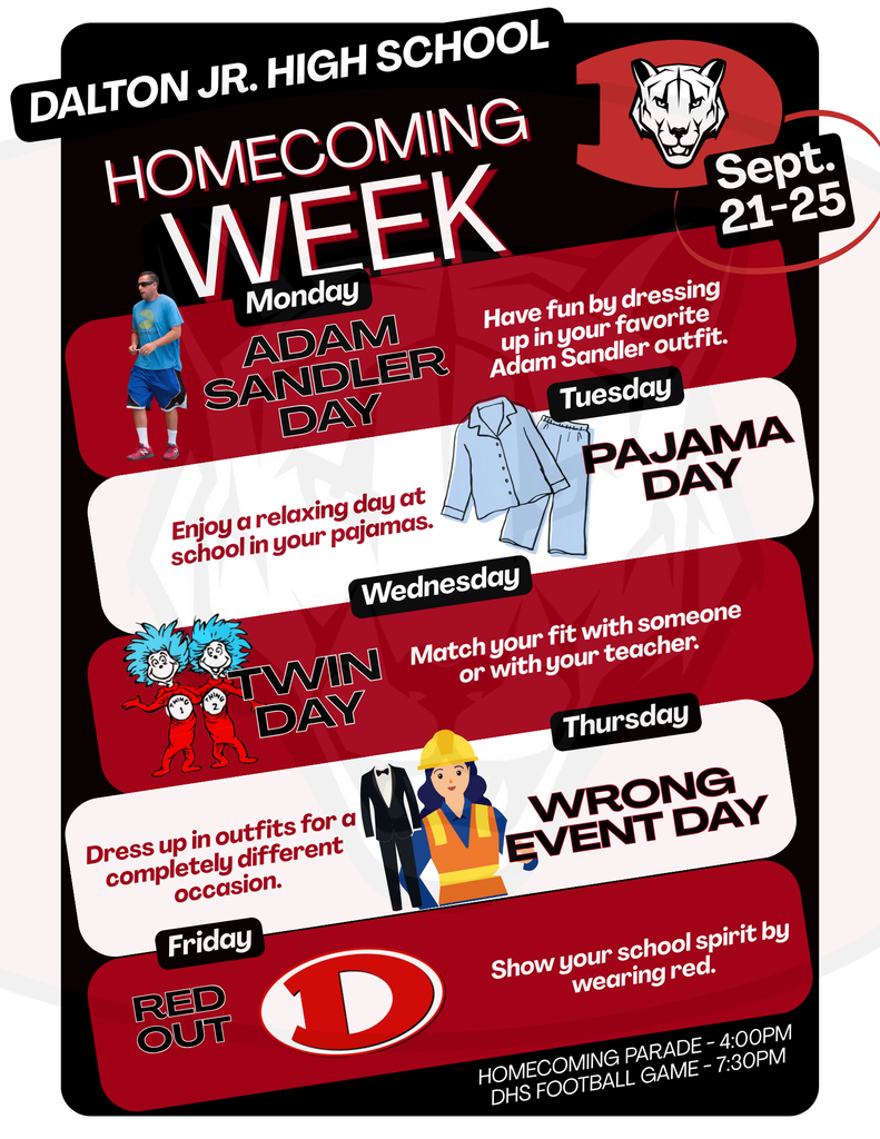 Dalton Jr. High School Homecoming Week graphic for September 21–25 featuring daily dress-up themes: Monday Adam Sandler Day, Tuesday Pajama Day, Wednesday Twin Day, Thursday Wrong Event Day, and Friday Red Out. The graphic uses red, black, and white school colors with illustrations representing each theme and includes details for the homecoming parade at 4:00 p.m. and football game at 7:30 p.m.