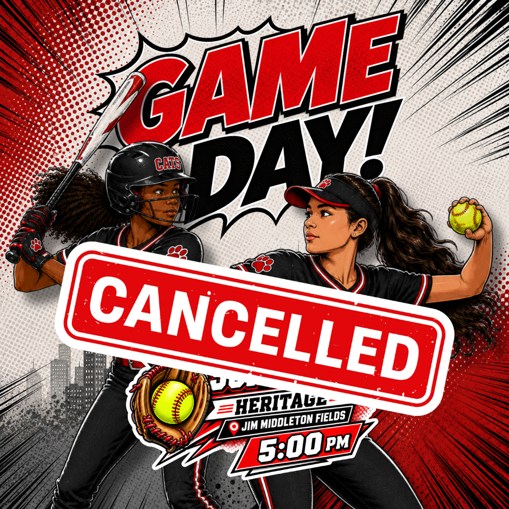 Comic-style Dalton Middle JV Softball Game Day graphic featuring two illustrated Lady Cats softball players in black, red, and white uniforms. A large red “CANCELLED” stamp crosses the center of the graphic. The canceled game was scheduled against Heritage at Jim Middleton Fields at 5:00 PM.