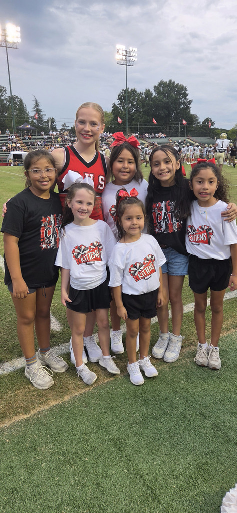 A high school cheerleader in a red "DHS" uniform poses with six elementary students wearing white and black "KITTENS" and "CATS" cheer shirts on a field. The girls smile together in two rows, flanked by football field yards and stadium seating in the background.