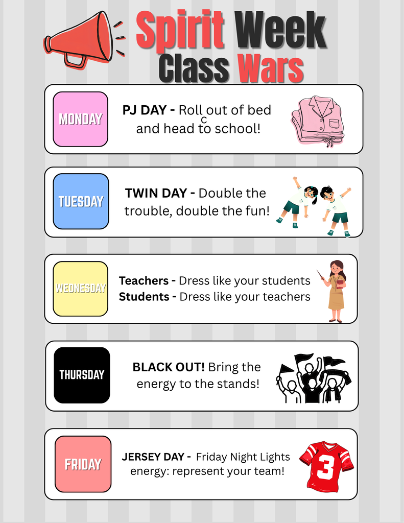 A colorful daily schedule flyer titled "Spirit Week Class Wars" featuring a red megaphone icon at the top left. Monday: PJ DAY - "Roll out of bed and head to school!" (Pink box with folded pajamas graphic). Tuesday: TWIN DAY - "Double the trouble, double the fun!" (Blue box with illustration of two matching students). Wednesday: Teachers - Dress like your students / Students - Dress like your teachers. (Yellow box with illustration of a teacher holding books). Thursday: BLACK OUT! - "Bring the energy to the stands!" (Black box with illustration of fans holding flags). Friday: JERSEY DAY - "Friday Night Lights energy: represent your team!" (Red-orange box with a red sports jersey graphic).