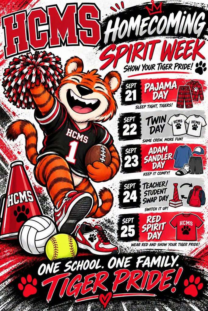 Graphic promoting HCMS Homecoming Spirit Week. A tiger mascot wearing an HCMS jersey is featured alongside the week's dress-up days: Pajama Day on September 21, Twin Day on September 22, Adam Sandler Day on September 23, Teacher/Student Swap Day on September 24, and Red Spirit Day on September 25. The graphic includes the message, "One School. One Family. Tiger Pride."