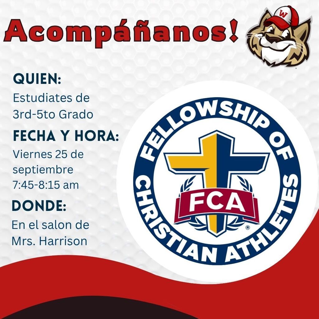 Spanish version of the event flyer with identical graphic layout, including the wildcat mascot in the top right corner, red/grey bottom swooshes, and central FCA logo. The header reads Acompáñanos! in bold red text. The listed details state:  QUIEN: Estudiantes de 3rd–5to Grado  FECHA Y HORA: Viernes 25 de septiembre, 7:45–8:15 am  DONDE: En el salon de Mrs. Harrison