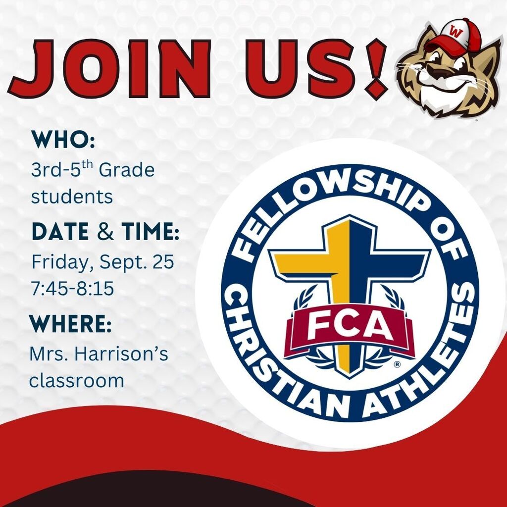 Event flyer with a patterned white background and red and dark grey swooshes along the bottom. The top left displays the title JOIN US! in large red text next to a wildcat mascot illustration wearing a red cap. On the right is the official circular logo for Fellowship of Christian Athletes (FCA) featuring a cross motif and central red banner. On the left, event details are listed:  WHO: 3rd–5th Grade students  DATE & TIME: Friday, Sept. 25, 7:45–8:15  WHERE: Mrs. Harrison’s classroom
