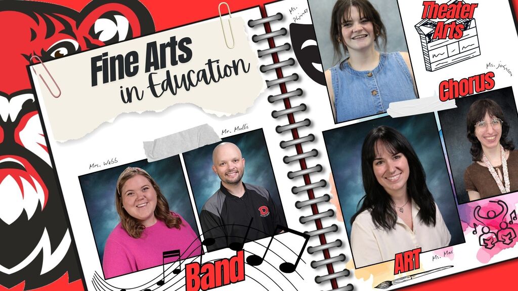 Graphic celebrating Fine Arts in Education Week at HCMS. The design resembles an open notebook and features photos of Fine Arts teachers Hilary McWilliams (Art), Sara Webb and Taylor Mullis (Band), Emma Johnson (Chorus), and Meg Phinney (Theater Arts). Fine Arts icons, musical notes, and school-themed graphics appear throughout the design alongside the HCMS tiger mascot.