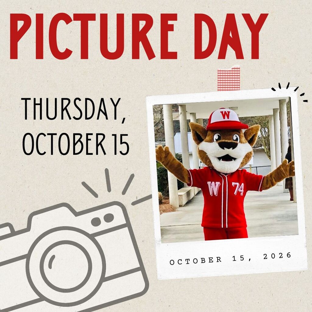 An announcement flyer titled "PICTURE DAY" in bold red letters across the top, indicating the date as "THURSDAY, OCTOBER 15". The background is textured light off-white with grey camera line-art in the bottom left corner. On the right, a Polaroid-style photo is taped to the page, displaying the school's wildcat mascot wearing a red jersey numbered 74 and a red cap with a "W". Below the photo, the date "OCTOBER 15, 2026" is printed on the polaroid border.