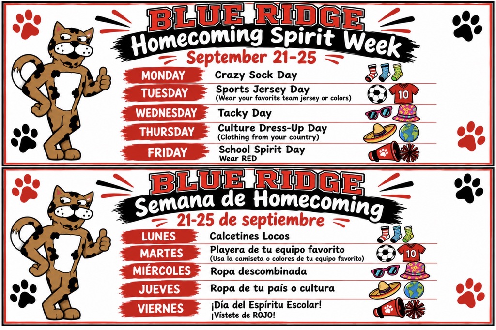 Header: "Blue Ridge Homecoming Spirit Week / Semana de Homecoming" for September 21–25. Features a tan and black spotted jaguar mascot giving two thumbs up, framed by paw prints and decorative accents.  English Daily Schedule (Top Panel):  Monday: Crazy Sock Day  Tuesday: Sports Jersey Day (Wear your favorite team jersey or colors)  Wednesday: Tacky Day  Thursday: Culture Dress-Up Day (Clothing from your country)  Friday: School Spirit Day (Wear RED)  Spanish Daily Schedule (Bottom Panel):  Lunes: Calcetines Locos  Martes: Player de tu equipo favorito (Usa la camiseta o colores de tu equipo favorito)  Miércoles: Ropa descombinada  Jueves: Ropa de tu país o cultura  Viernes: ¡Día del Espíritu Escolar! (¡Vístete de ROJO!)